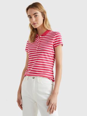 Pink Tommy Hilfiger Stripe Slim Fit Women's Polo Shirts | TH380UMF