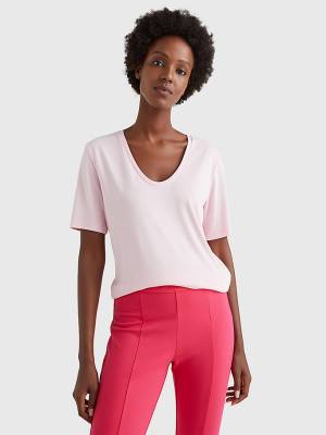 Pink Tommy Hilfiger Sueded Scoop Neck Relaxed Women's T Shirts | TH391LMU