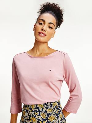 Pink Tommy Hilfiger Three-Quarter Sleeve Slim Fit Women's T Shirts | TH569RFP