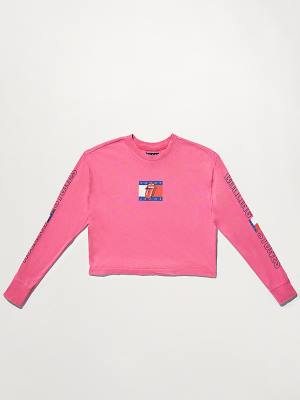 Pink Tommy Hilfiger Tommy Revisited Long Sleeve Rolling Stones Cropped Women's T Shirts | TH452XDT