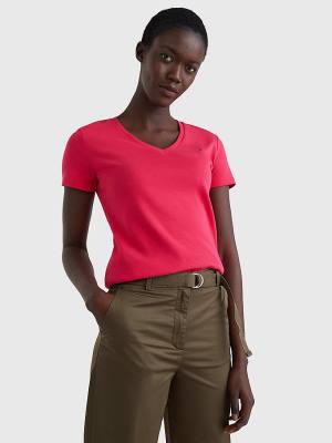 Pink Tommy Hilfiger V-Neck Slim Fit Women's T Shirts | TH639WDN