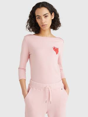 Pink Tommy Hilfiger Valentines Heart Print Boat Neck Women's T Shirts | TH563DCI