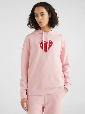 Pink Tommy Hilfiger Valentines Heart Print Relaxed Fit Women's Hoodie | TH751ZTV