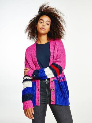 Purple Tommy Hilfiger Colour-Blocked Knit Cardigan Women's Sweaters | TH351AIN