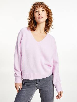 Purple Tommy Hilfiger Monogram Embroidery Relaxed Fit V-Neck Jumper Women's Sweaters | TH235UAM