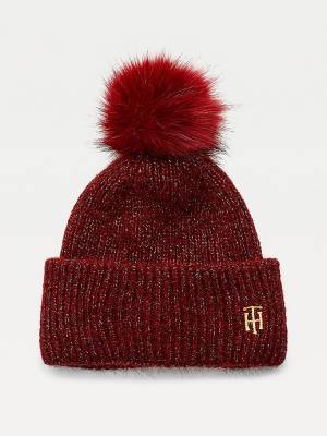 Purple Tommy Hilfiger Pom Pom Metallic Rib-Knit Beanie Women's Hats | TH851FSB