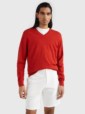 Red Tommy Hilfiger 1985 Essential TH Flex V-Neck Jumper Men's Sweaters | TH031VAJ