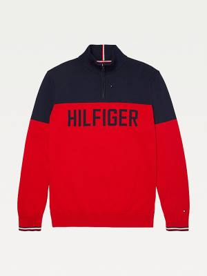 Red Tommy Hilfiger Adaptive Colour-Blocked Half-Zip Sweatshirt Men's Sweaters | TH502KPJ