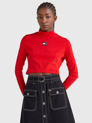 Red Tommy Hilfiger Badge Mock Turtleneck Long Sleeve Women's T Shirts | TH597EKX