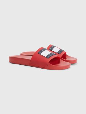 Red Tommy Hilfiger Badge Pool Slides Men's Sandals | TH014HFL