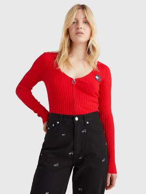 Red Tommy Hilfiger Badge Recycled Zip-Thru Cardigan Women's Sweaters | TH154CLJ