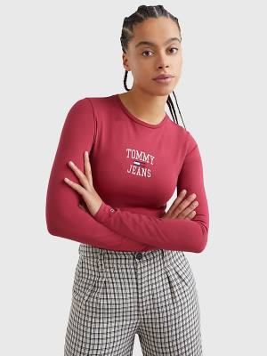 Red Tommy Hilfiger College Logo Long Sleeve Bodysuit Women's T Shirts | TH136CLG