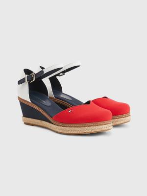 Red Tommy Hilfiger Colour-Blocked Mid Heel Wedge Espadrille Women's Sandals | TH796OZN