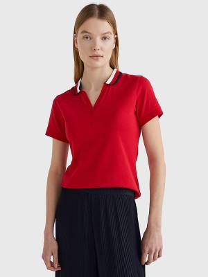 Red Tommy Hilfiger Contrast Collar Slim Fit Top Women's Polo Shirts | TH081NDJ