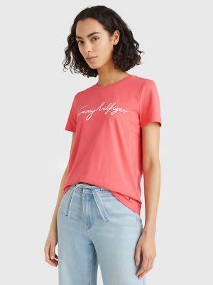 Red Tommy Hilfiger Crew Neck Graphic Signature Logo Women's T Shirts | TH568OEQ