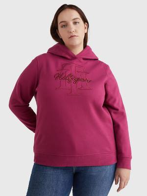 Red Tommy Hilfiger Curve Monogram Embroidery Regular Fit Women's Hoodie | TH592MEB