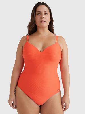 Red Tommy Hilfiger Curve Ribbed One Piecesuit Women's Swimwear | TH479EZA