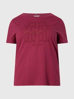 Red Tommy Hilfiger Curve Tonal Script Logo Organic Cotton Women's T Shirts | TH061XDP