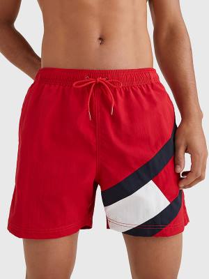 Red Tommy Hilfiger Flag Mid Length Drawstring Shorts Men's Swimwear | TH381EDU