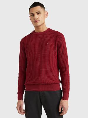 Red Tommy Hilfiger Knitted Grid Check Crew Neck Jumper Men's Sweaters | TH953IUQ