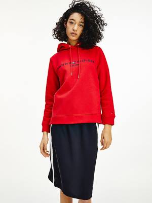 Red Tommy Hilfiger Logo Drawstring Regular Fit Women's Hoodie | TH296GKQ