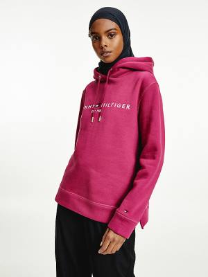 Red Tommy Hilfiger Logo Drawstring Regular Fit Women's Hoodie | TH629KAE