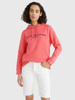 Red Tommy Hilfiger Logo Drawstring Regular Fit Women's Hoodie | TH713PEZ