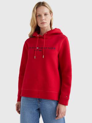 Red Tommy Hilfiger Logo Drawstring Regular Fit Women's Hoodie | TH812UGM