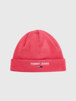 Red Tommy Hilfiger Logo Embroidery Beanie Women's Hats | TH834RLK