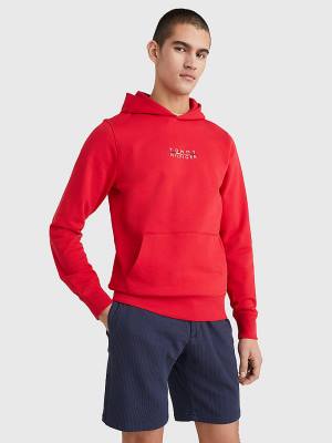 Red Tommy Hilfiger Logo Embroidery Men's Hoodie | TH906VDC