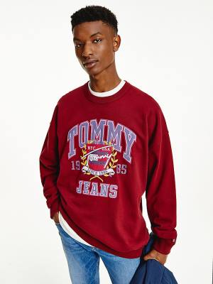 Red Tommy Hilfiger Logo Fleece Men's Sweatshirts | TH328YFH