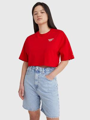 Red Tommy Hilfiger Logo Tape Oversized Cropped Women's T Shirts | TH870GDS