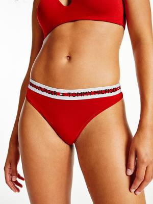 Red Tommy Hilfiger Logo Tape Stretch Thong Women's Underwear | TH302IWT