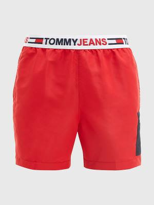 Red Tommy Hilfiger Logo Waistband Mid Length Shorts Men's Swimwear | TH052DRE