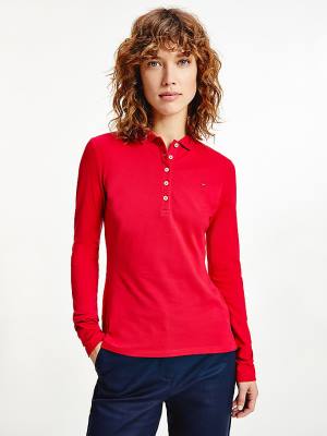 Red Tommy Hilfiger Long Sleeve Slim Fit Women's Polo Shirts | TH134PWF