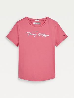 Red Tommy Hilfiger Metallic Signature Logo Girls' T Shirts | TH890MBL