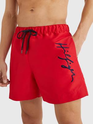 Red Tommy Hilfiger Mid Length Signature Logo Shorts Men's Swimwear | TH025MXI