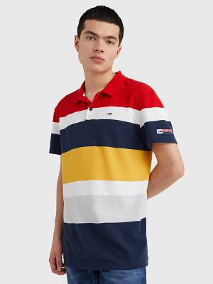 Red Tommy Hilfiger Organic Cotton Pique Multi Stripe Men's Polo Shirts | TH726ZNK