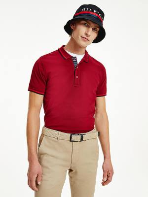 Red Tommy Hilfiger Organic Cotton Tipped Slim Fit Men's Polo Shirts | TH851YKF