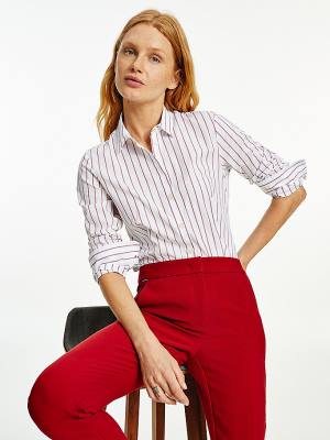 Red Tommy Hilfiger Pinstripe Slim Fit Women's Shirts | TH807ZFB