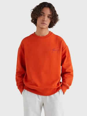 Red Tommy Hilfiger Recycled Signature Logo Relaxed Men's Sweatshirts | TH136MNI