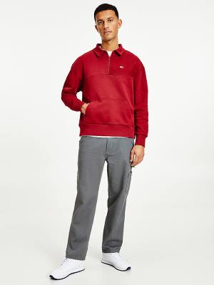 Red Tommy Hilfiger Reversible Relaxed Fit Half-Zip Men's Sweatshirts | TH264UFB