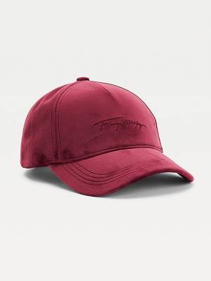 Red Tommy Hilfiger Signature Logo Velvet Cap Women's Hats | TH079EAM