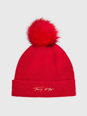 Red Tommy Hilfiger Signature Pom Pom Beanie Women's Hats | TH672XLA