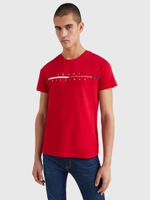 Red Tommy Hilfiger Signature Split Logo Men's T Shirts | TH803MDS