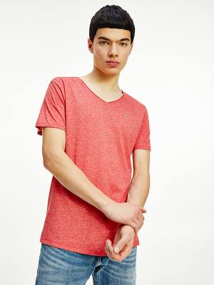 Red Tommy Hilfiger Slim Fit V-Neck Men's T Shirts | TH614TOA