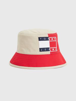 Red Tommy Hilfiger Spliced Logo Colour-Blocked Bucket Women's Hats | TH938VFD