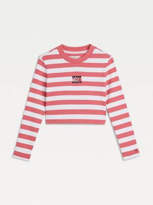 Red Tommy Hilfiger Stripe Crop Long Sleeve Girls' T Shirts | TH418BUS