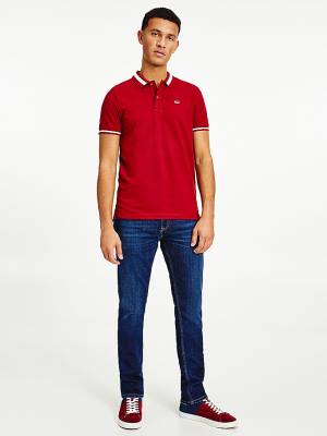 Red Tommy Hilfiger Tipped Stretch Slim Fit Men's Polo Shirts | TH912BDR