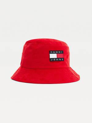 Red Tommy Hilfiger Tommy Badge Velvet Bucket Women's Hats | TH483CNI